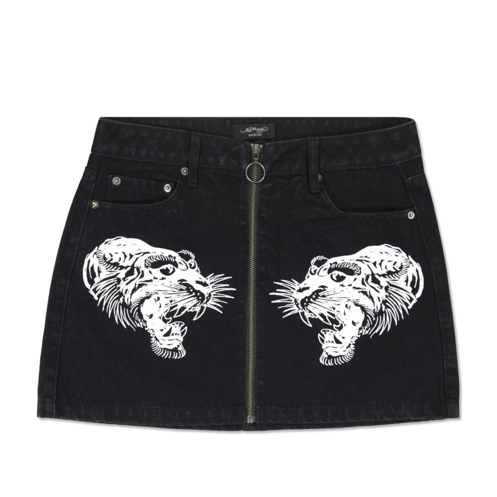 NWT Ed Hardy TIGERS ZIPPER FRONT MINI DENIM SKIRT - Picture 4 of 7